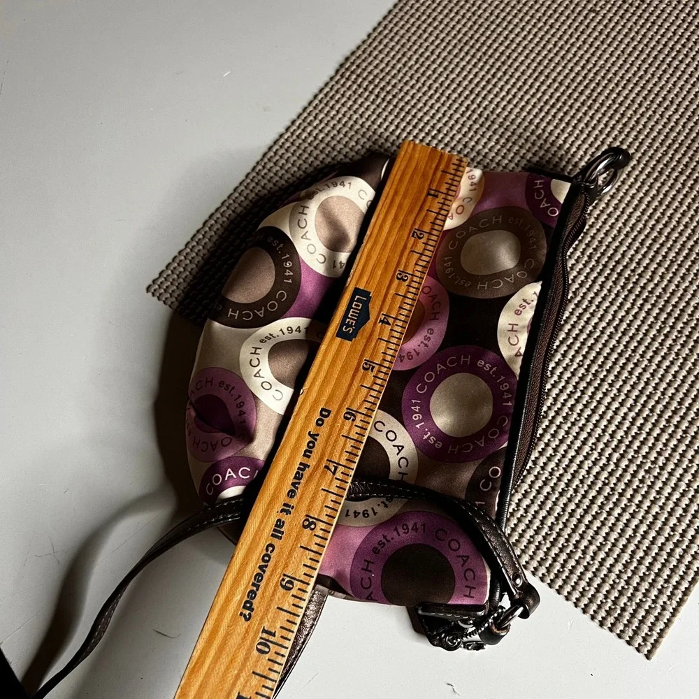 Coach Purple Brown Op Art Circle Satin Crossbody Bag Metallic Bronze Trim